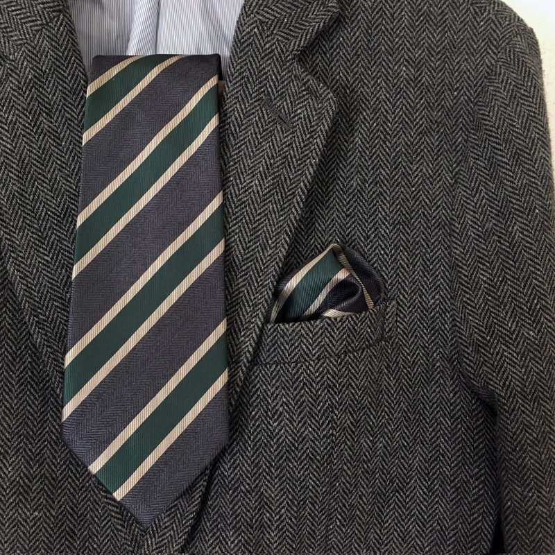 Necktie Iron Grey with Vanilla Green Stripe Set with Pocket Square - 领带/领带夹 - 聚酯纤维 多色