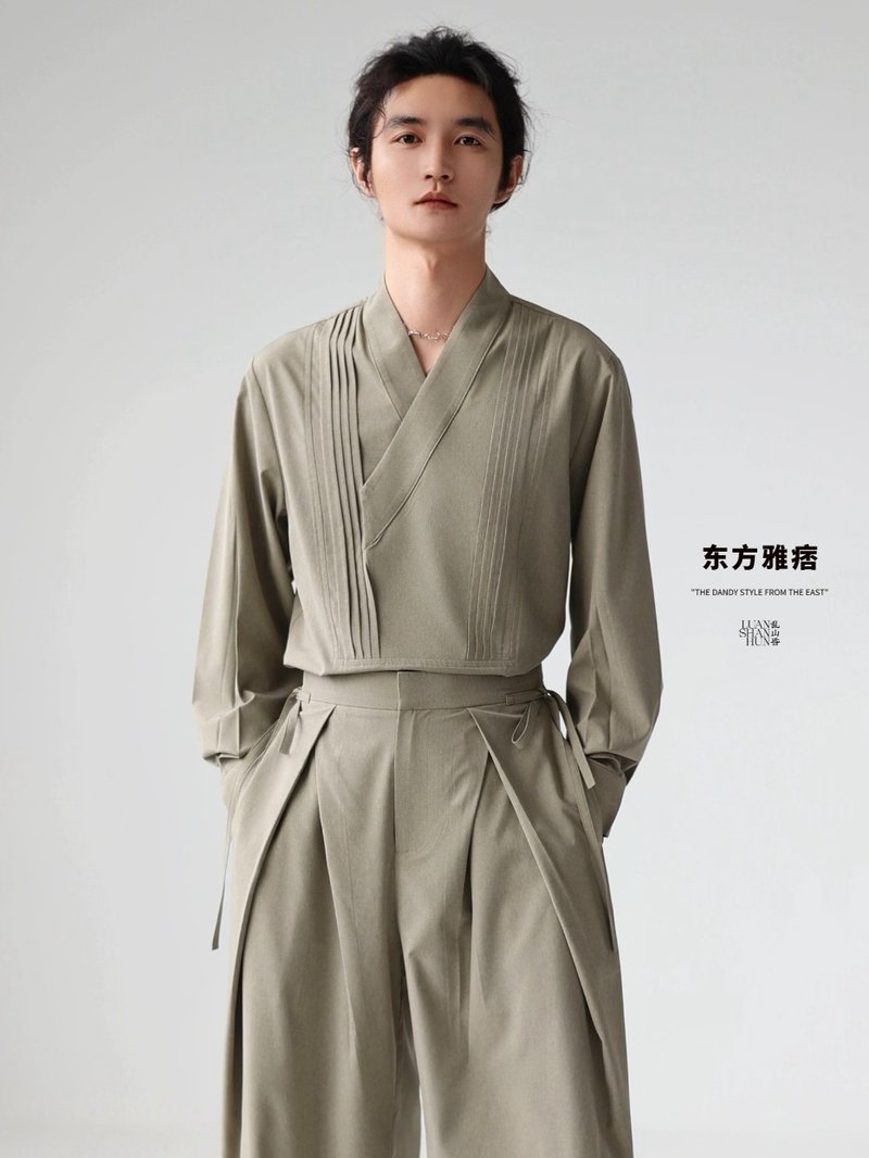 乱山昏 东方雅痞新中式国风原创浅灰绿交领通勤百搭长袖薄衬衫男 - 男装衬衫 - 其他材质 