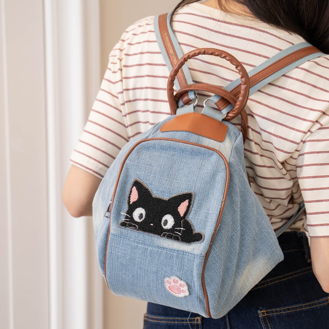 小黑猫 毛巾绣 牛仔 手提 肩背 后背【33005801】 - 后背包/双肩包 - 棉 蓝色