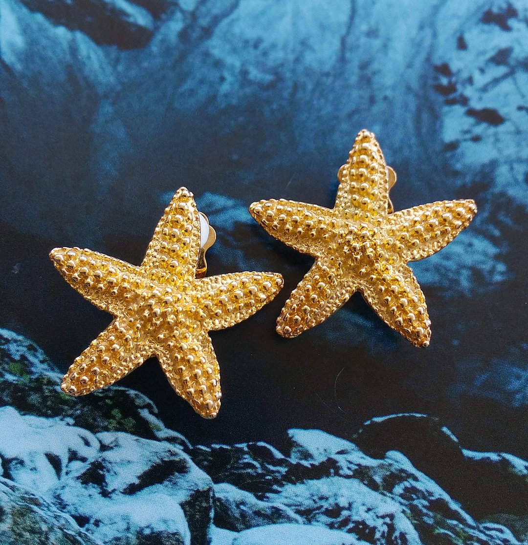 【西洋古董饰品 】金属镀金 哑光 海星  大耳环 夹式耳环 - 耳环/耳夹 - 其他金属 金色