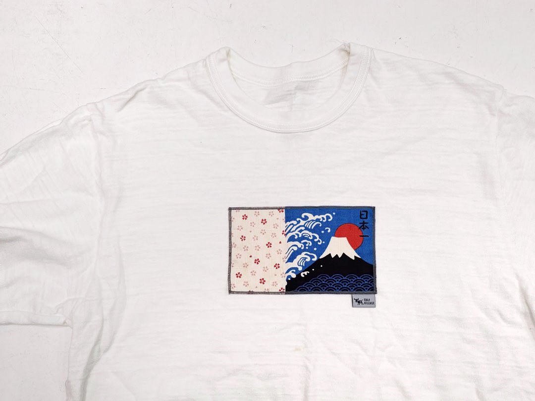 小牛村 男女 竹节棉 短袖上衣 T-shirt T恤 / 樱花富士山 - 中性连帽卫衣/T 恤 - 棉 白色