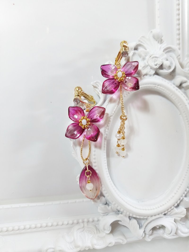 不对称系列【花恋】夹式耳环 琉璃 仅此一件 - 耳环/耳夹 - 琉璃 金色