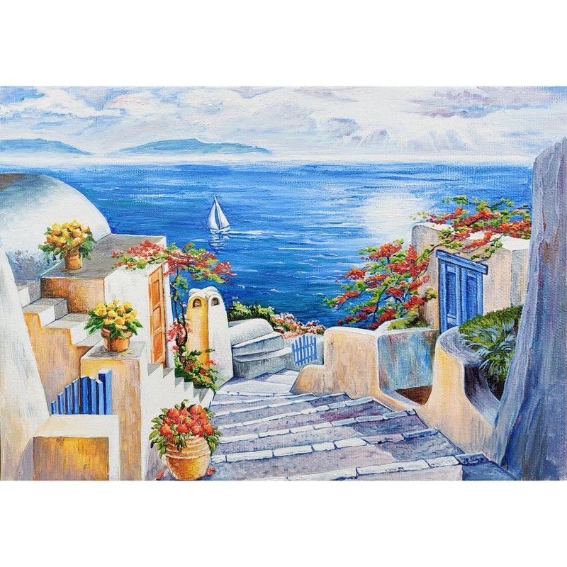 Seascape Painting Santorini Original Art Greece Oil Canvas Wall Art - 海报/装饰画/版画 - 其他材质 蓝色