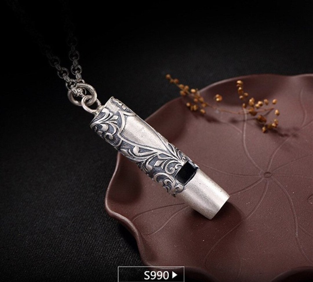 Real 999 Fine Silver Vintage Handmade Whistle Pendants without Chains Men - 长链 - 纯银 银色