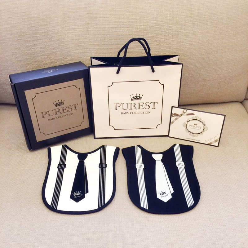 PUREST 小绅士围兜礼盒组/领带款/宝宝新生弥月/生日/送礼首选 - 满月礼盒 - 棉．麻 