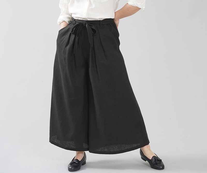 Wafu - 亞麻褲子 Midweight Linen Tucks Front Wide-Leg Pants / Black b006e-bck2 - 女装长裤 - 亚麻 黑色
