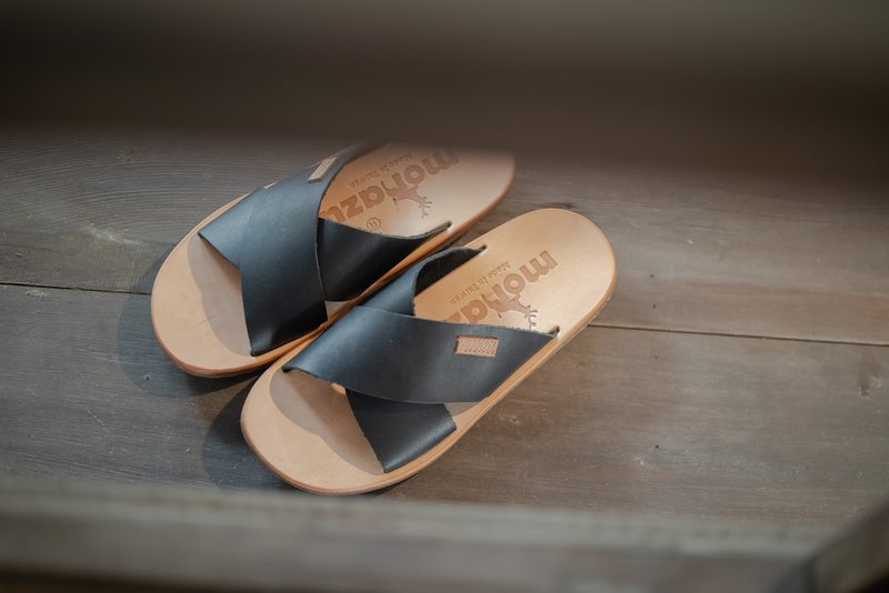 出清【福袋】5折 文青日常 植鞣革拖鞋 凉鞋 疯马黑 男版 - 拖鞋 - 真皮 黑色