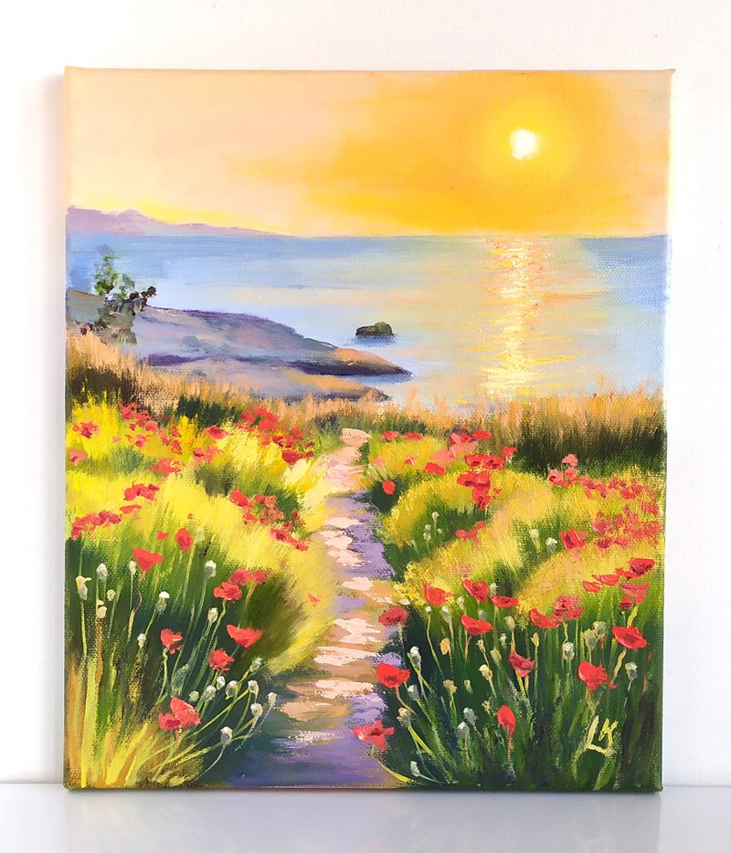 海景油画 画布罂粟花田 壁饰 日落艺术 花卉 - 墙贴/壁贴 - 棉．麻 多色