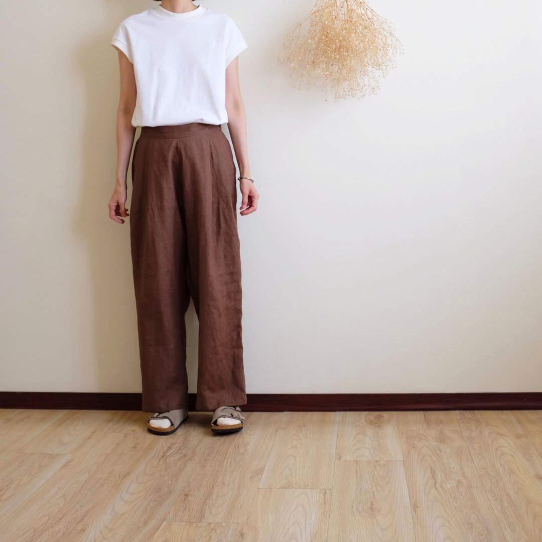 日常手作服 咖啡棕绿打褶茧型裤 亚麻 - 女装长裤 - 棉 咖啡色