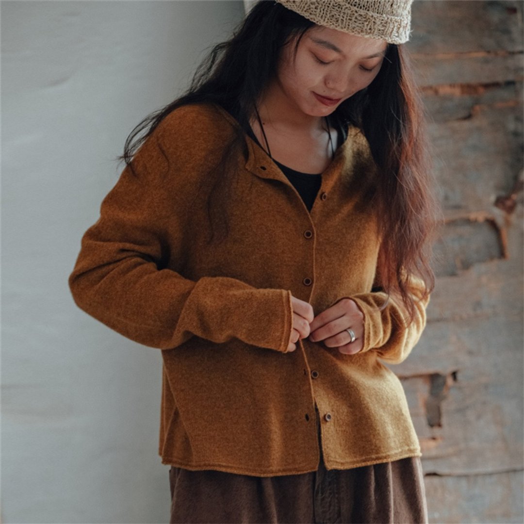 紅/黃/綠 無縫一體復古羊毛圓領開衫 落肩寬鬆外套 - 女装针织衫/毛衣 - 羊毛 红色
