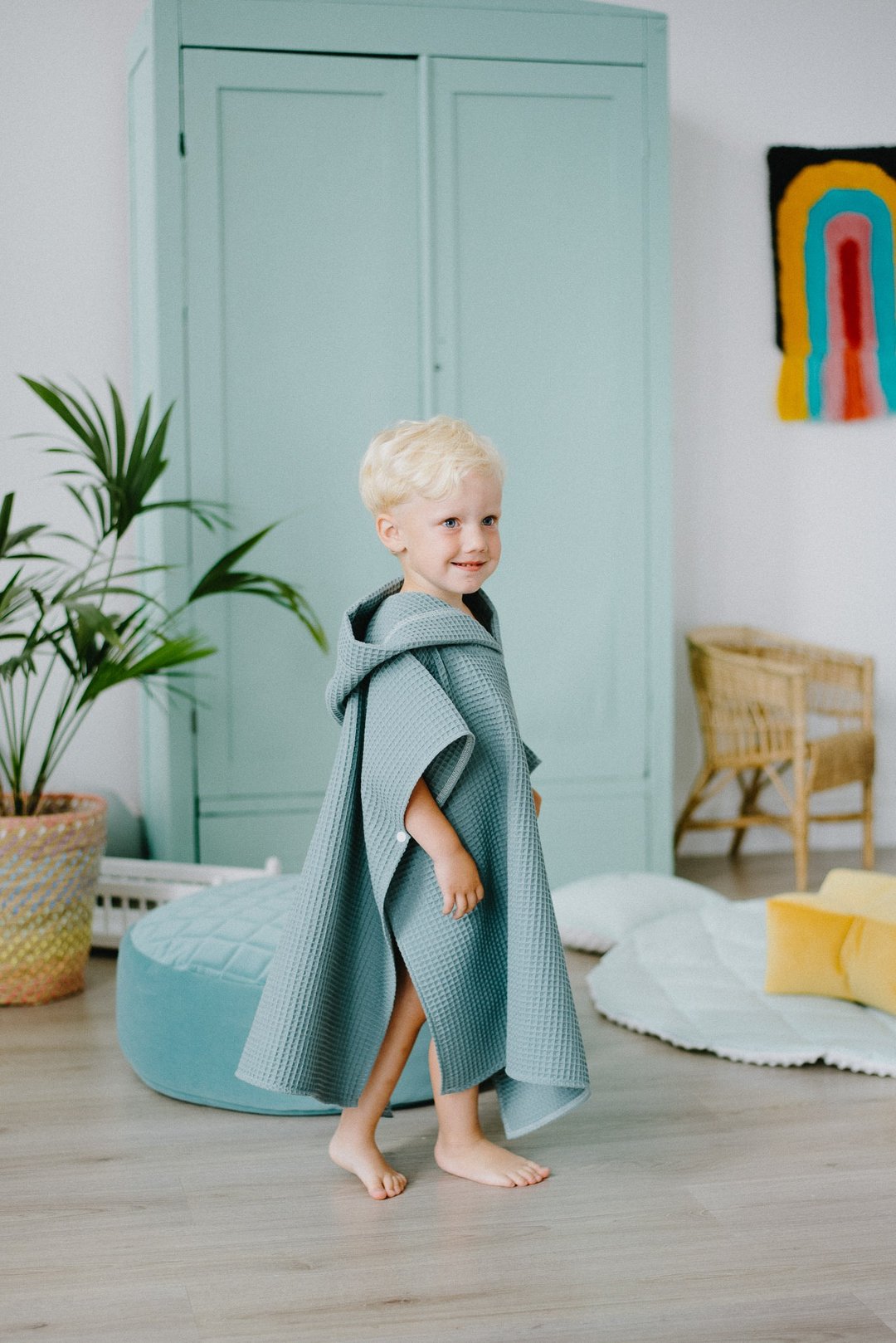 Dark Mint Waffle Kids Beach Cover Up - toddler bathrobe with open sides - 泳衣/游泳用品 - 棉 绿色