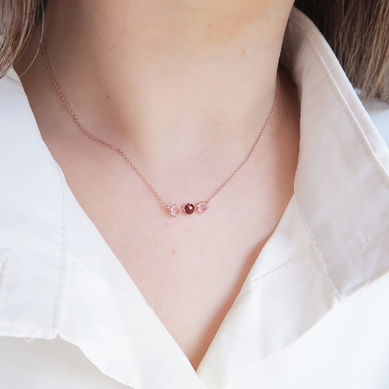 情人节礼物 红宝石 粉水晶 925纯银 18K玫瑰金 项链 免费包装 - 项链 - 纯银 红色