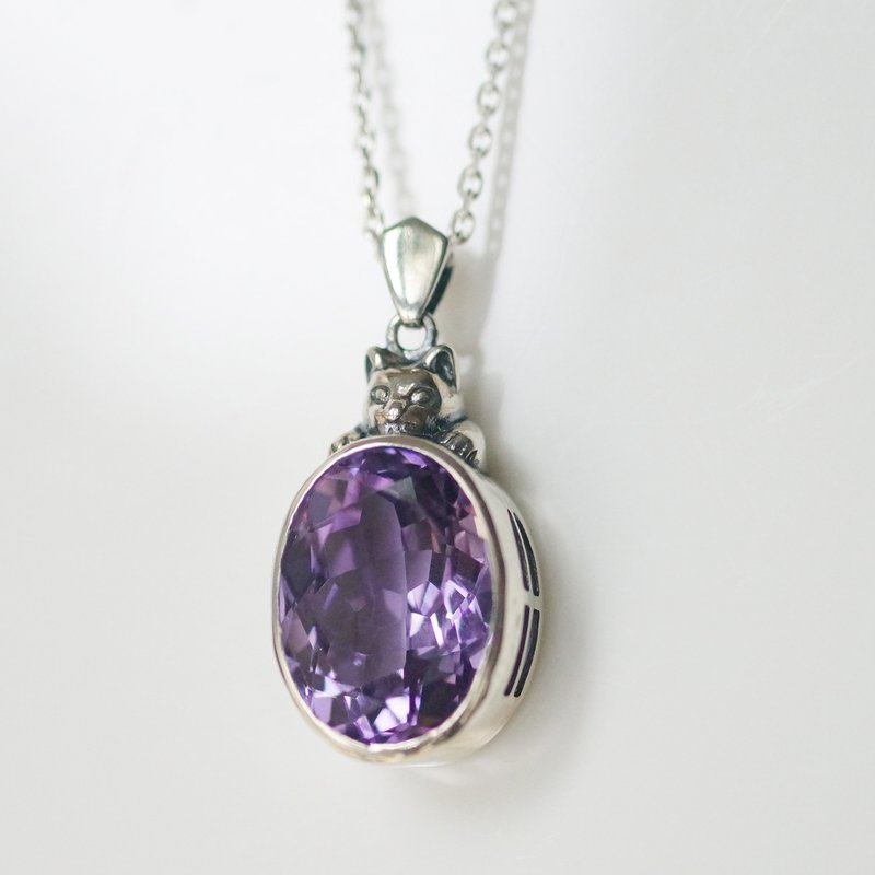 ガブリ猫ペンダント アメシスト - 项链 - 半宝石 银色