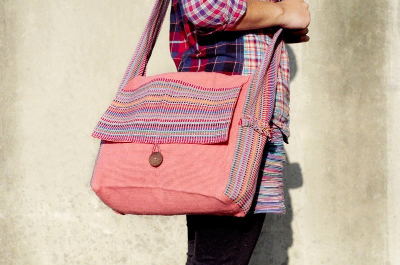 天然手织布彩虹缤纷 帆布书包 / 背包 / 侧背包 / 肩背包 - 自然手感粉色缤纷条纹 ( 限量一件 ) - 侧背包/斜挎包 - 棉．麻 多色