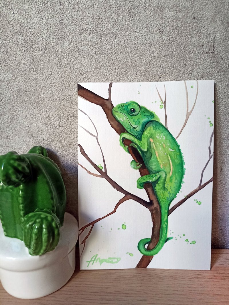 Watercolor original lizard art chamelion room decor new painting Anne Gorywine - 墙贴/壁贴 - 纸 绿色