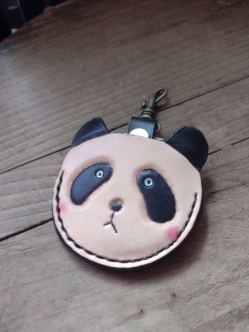 可爱害羞熊猫 gogoro 钥匙包 纯牛皮皮革套 - 钥匙链/钥匙包 - 真皮 黑色