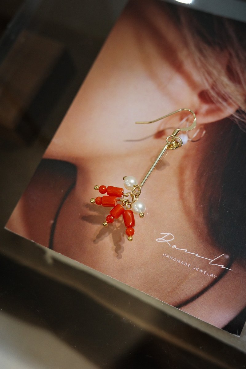 烟花 红珊瑚珍珠耳环 14K Gold-Filled - 耳环/耳夹 - 宝石 红色