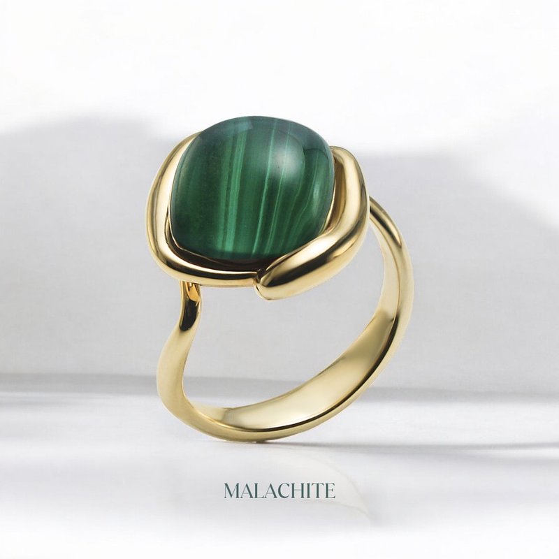 天然宝石戒指与孔雀石结合。 - 戒指 - 纯银 绿色