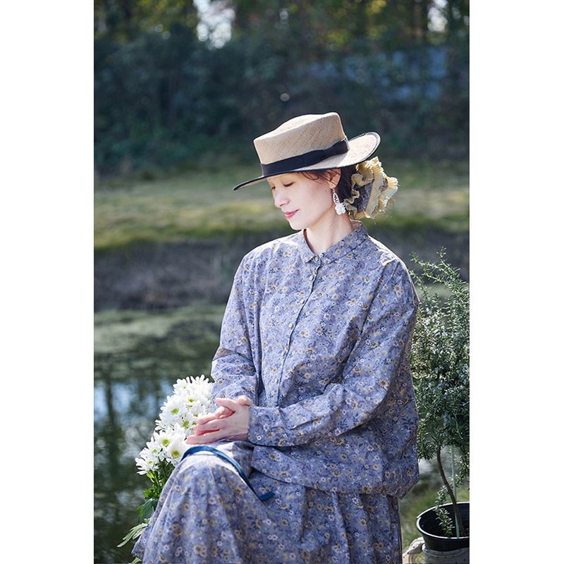 灰蓝紫雏菊冰凉翻领宽松碎花衬衫 - 女装衬衫 - 棉．麻 