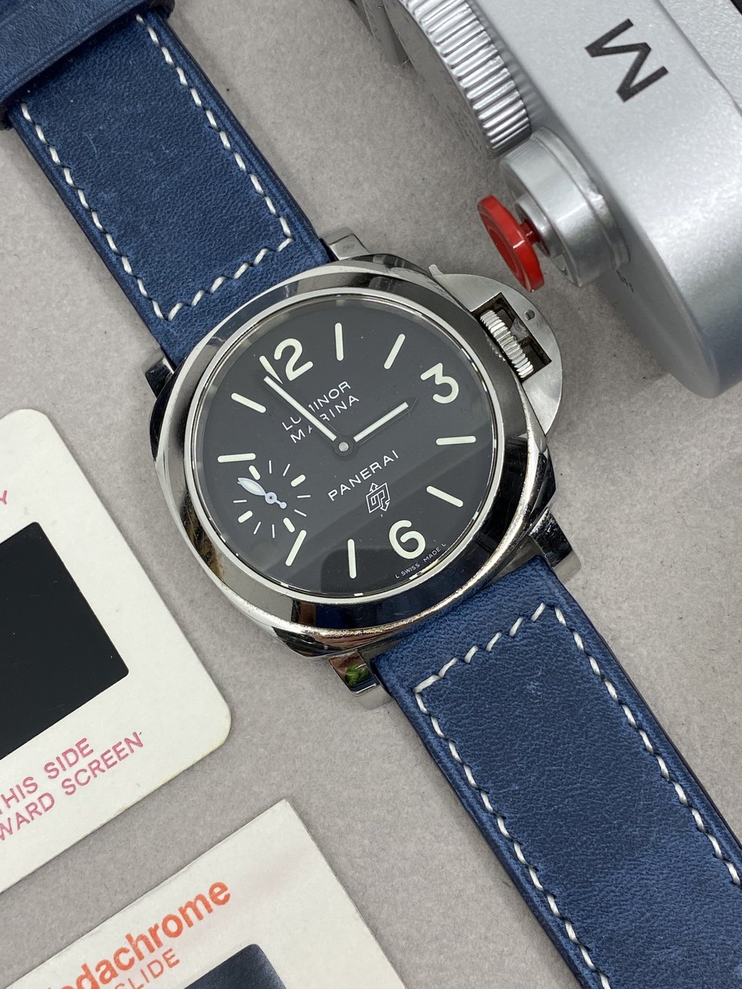 蓝色复古风皮革表带 Panerai 24mm 手工表带 男生礼物 周年纪念 - 表带 - 真皮 蓝色