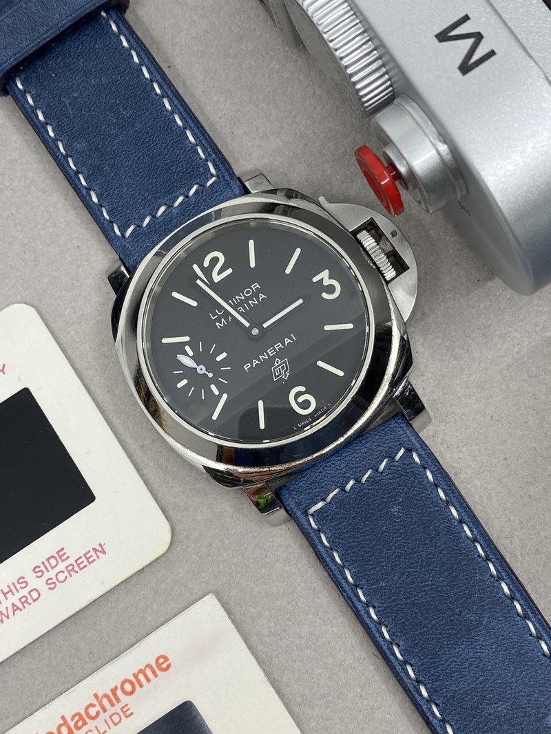 蓝色复古风皮革表带 Panerai 24mm 手工表带 男生礼物 周年纪念 - 表带 - 真皮 蓝色
