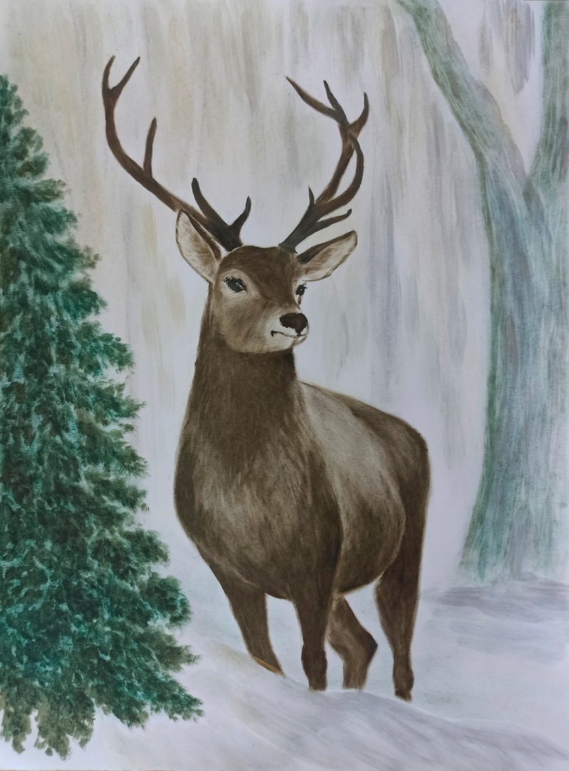 Original Deer drawing Deer in forest art Animal portrait for deer lovers - 海报/装饰画/版画 - 纸 橘色