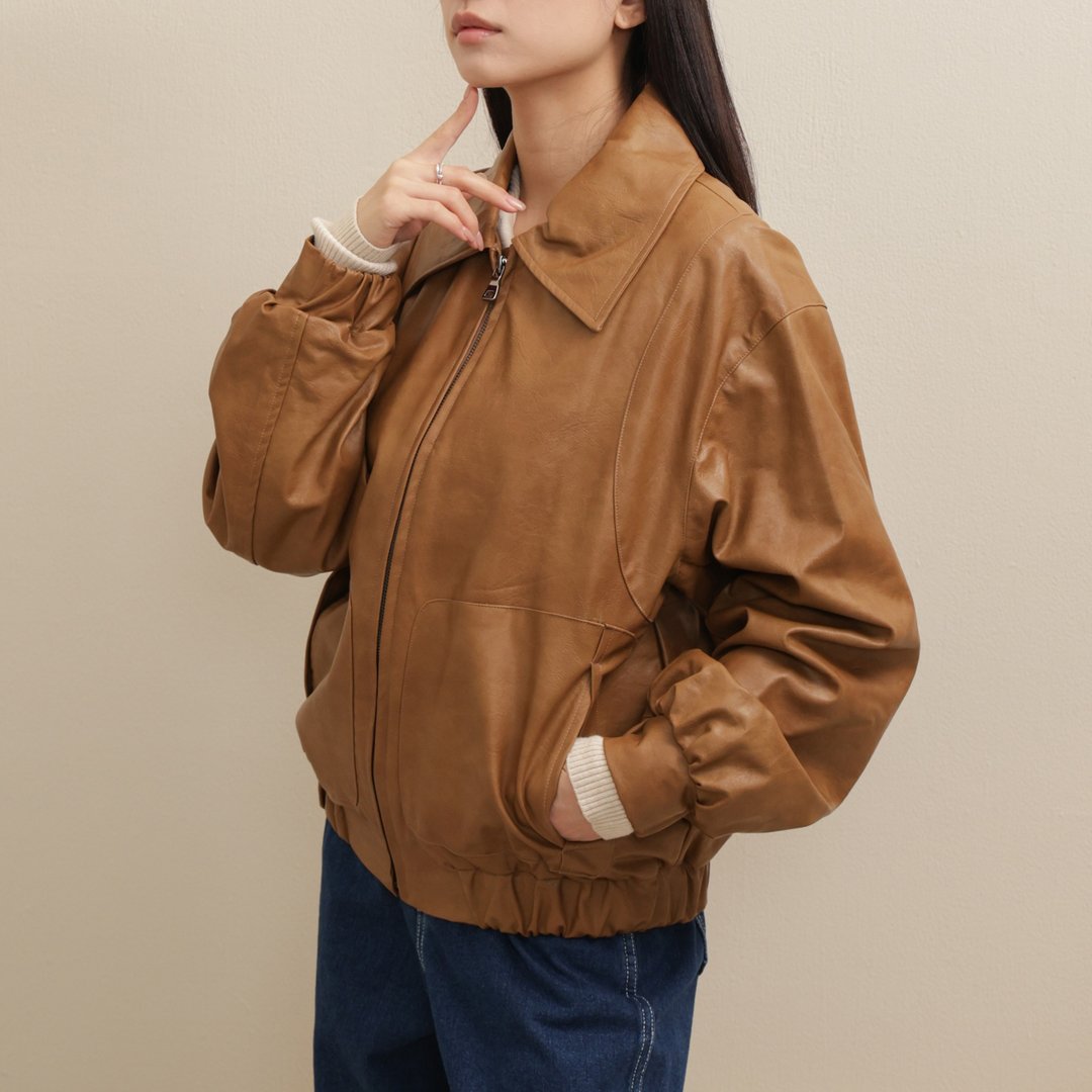 古着风-皮质外套-棕色 - 女装休闲/机能外套 - 聚酯纤维 咖啡色