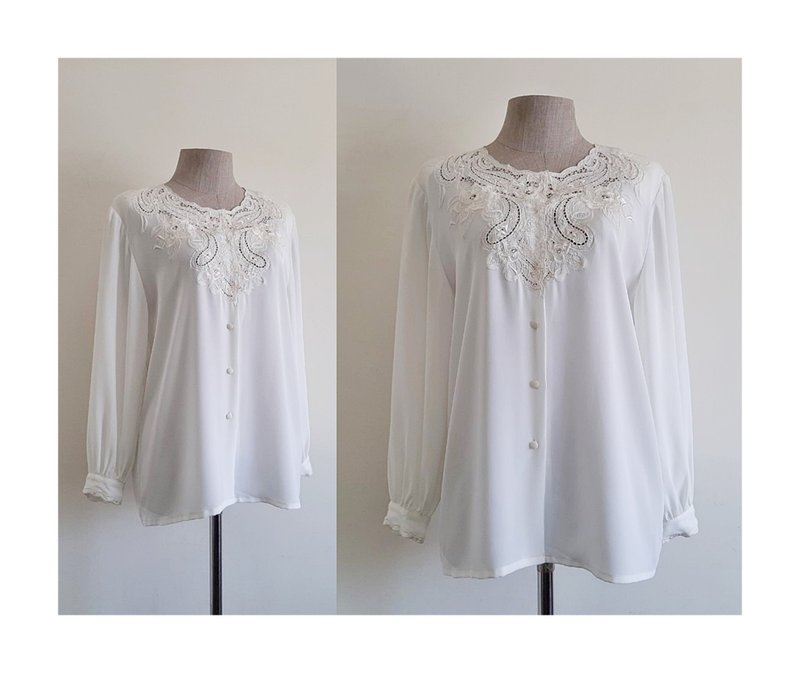 复古白色刺绣女衬衫 花边上衣 中码 - 女装上衣 - 聚酯纤维 白色