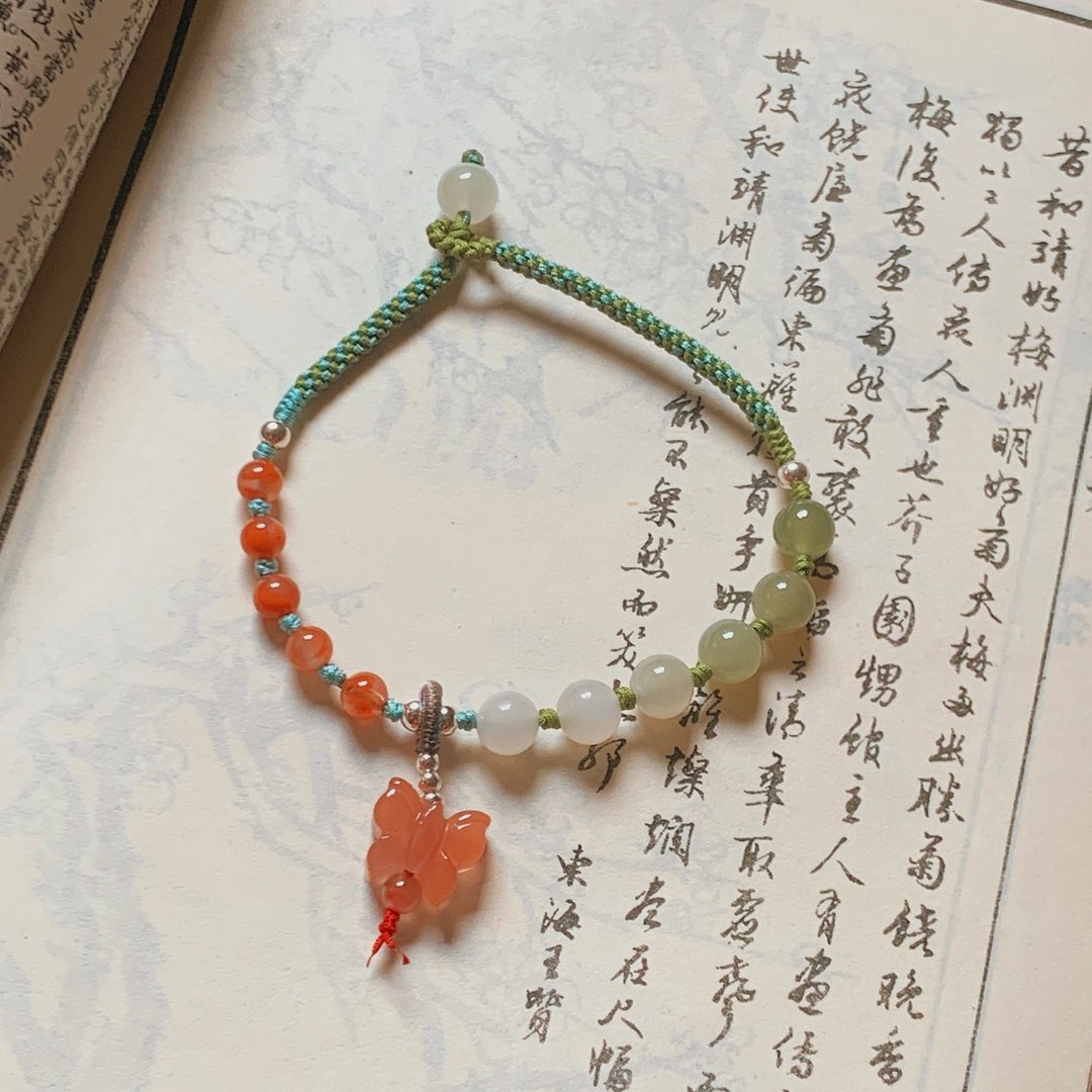 手作 春与柳。天然和田玉复古编织手链 南红玛瑙蝴蝶古风中式银珠 - 手链/手环 - 玉石 绿色