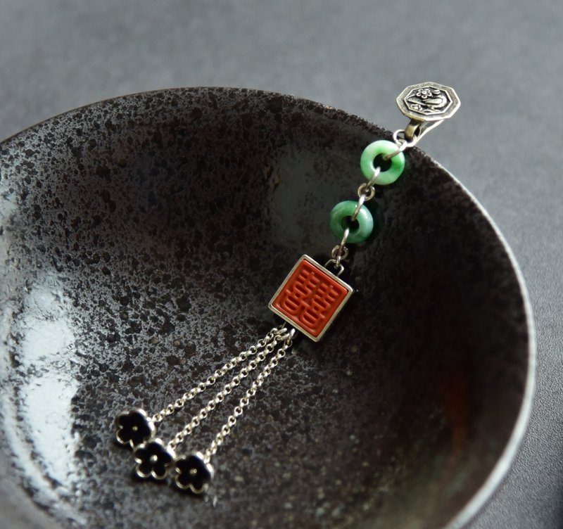 【古典压襟】925银翡翠南红玛瑙流苏压襟吊饰 - 吊饰 - 玉石 绿色