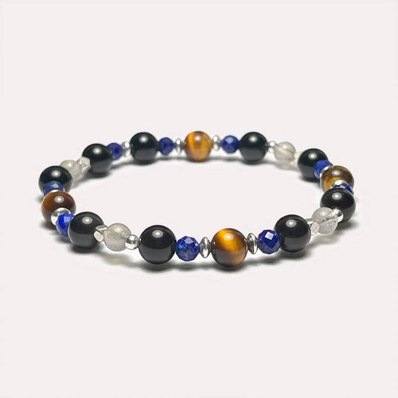 黑曜石黄虎眼青金石 925纯银手链 - 手链/手环 - 宝石 