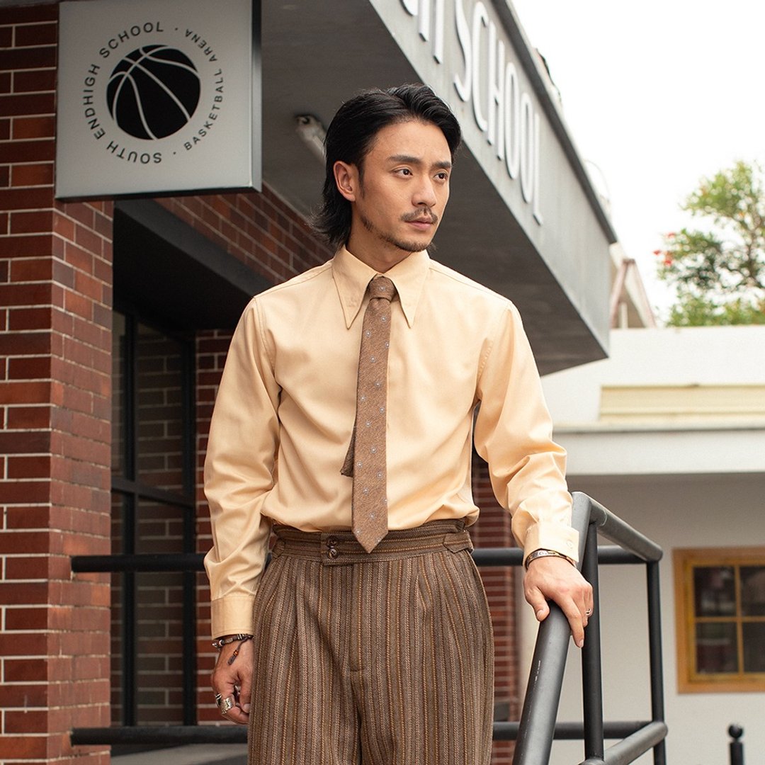 SOARIN英伦复古长尖领纯色商务衬衫(2437C324) - 男装衬衫 - 棉．麻 黄色