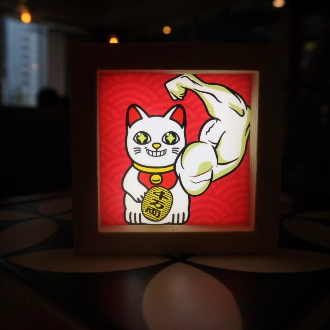大力招财猫 (红色) / 日系 / 木制手工灯箱 - 灯具/灯饰 - 木头 白色