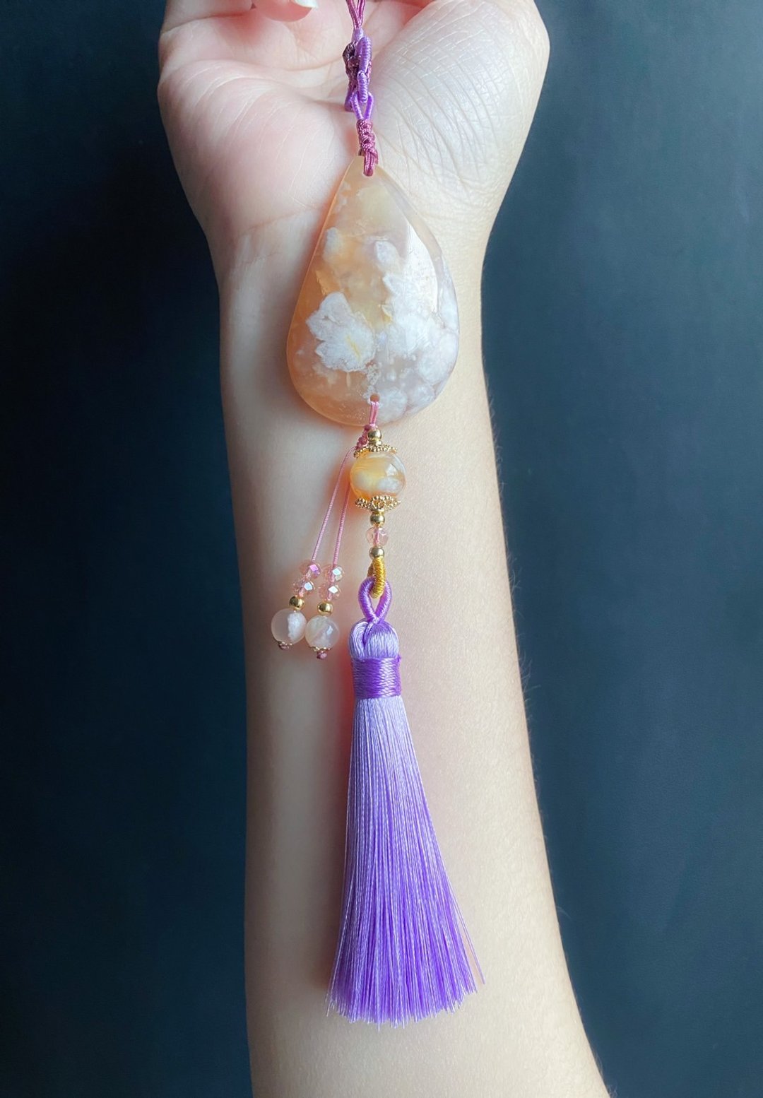 【售出】樱花玛瑙 飘龙纹渐层花 水晶 包挂 车挂 闺密 天然石 - 挂绳/吊绳 - 水晶 紫色