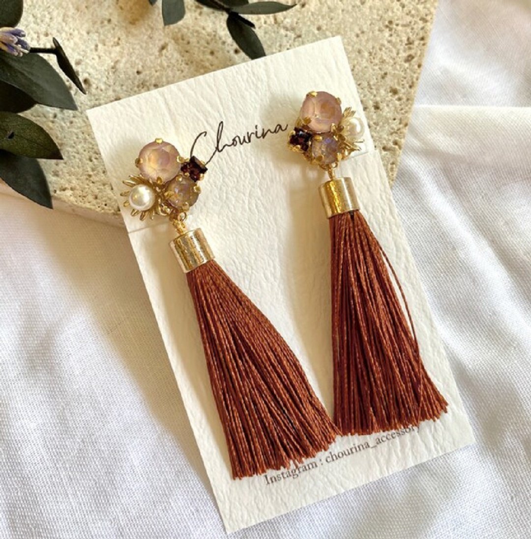 brown bijoux and tassel Clip-On, earrings - 耳环/耳夹 - 其他金属 咖啡色