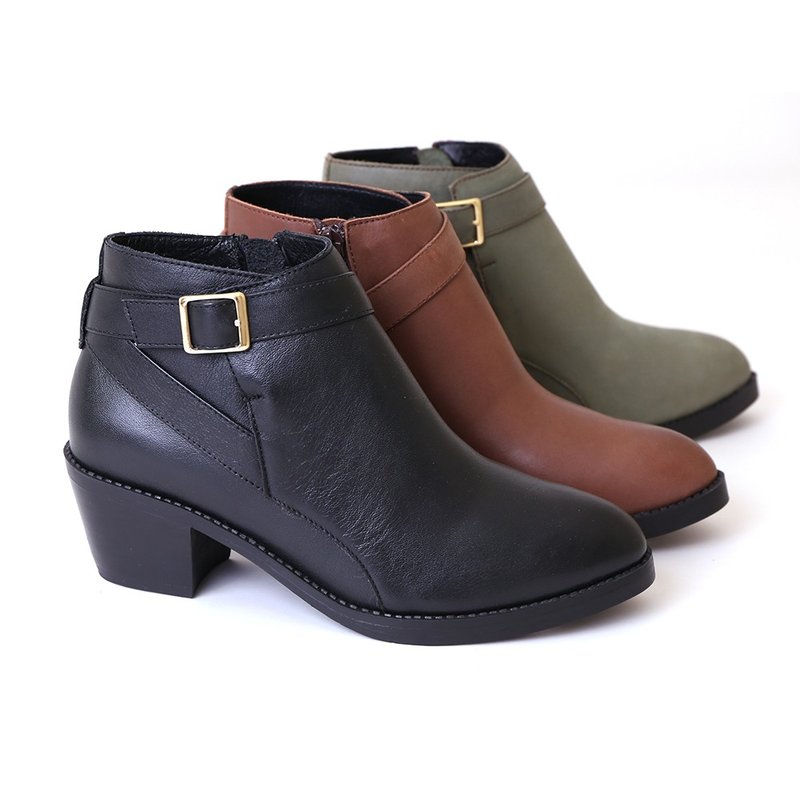 Maffeo 短靴 柔软气垫底 交叉单边金属扣饰真皮短靴 机车靴 马靴（222黑色） - 女款短靴 - 真皮 黑色