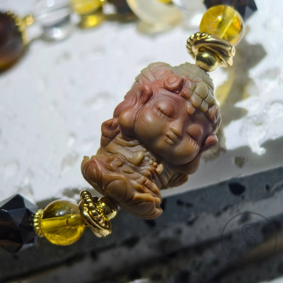 【Dream Crystal Art】八方纳福 - 阿拉善三面大黑天水晶设计款手串 - 手链/手环 - 半宝石 黄色