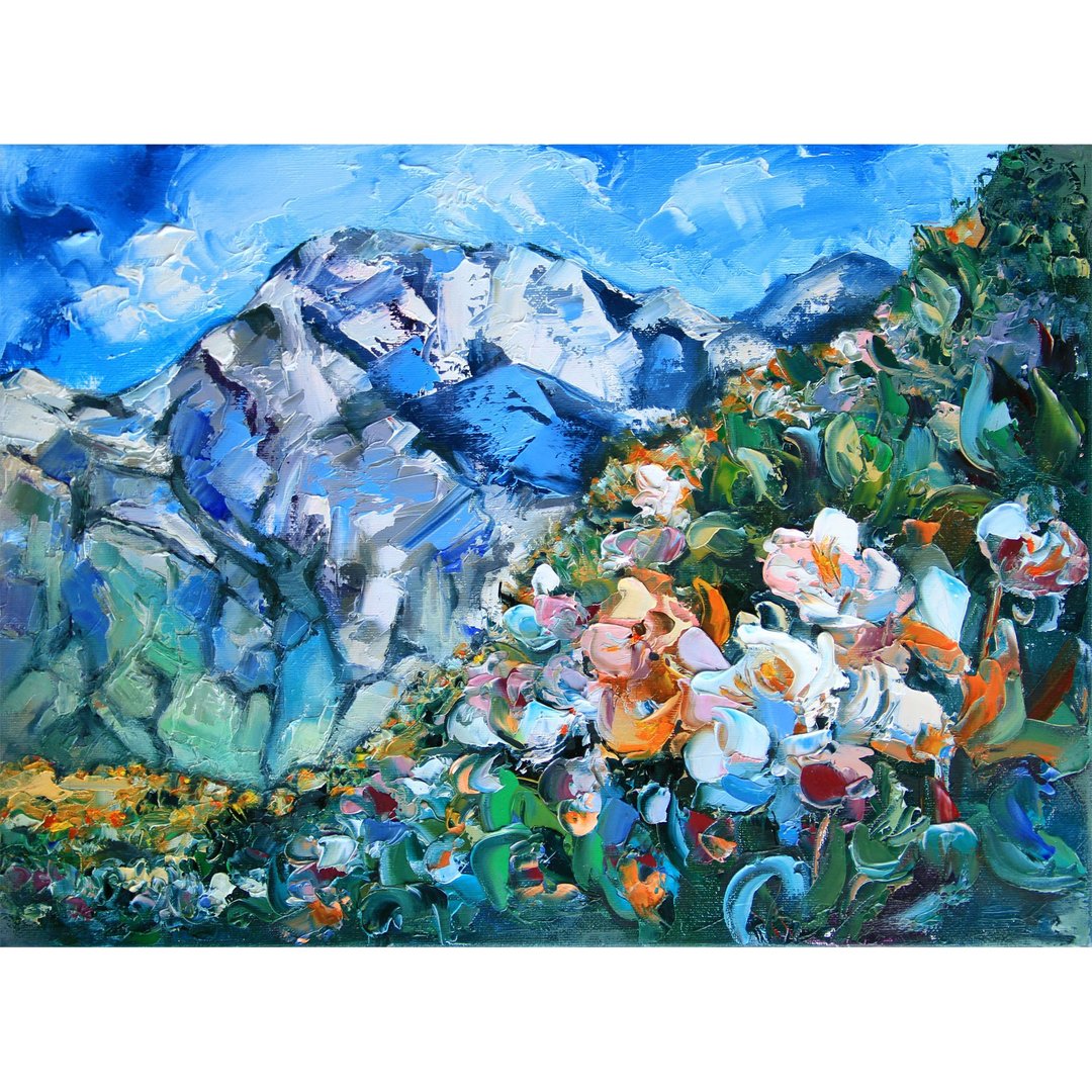 Painting landscape snowy mountains and flowering meadows. - 海报/装饰画/版画 - 其他材质 多色