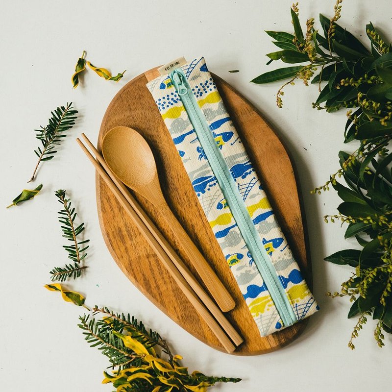 拉链餐具袋(含餐具)/海的宝物_鱼群/香草黄 - 筷子/筷架 - 棉．麻 黄色