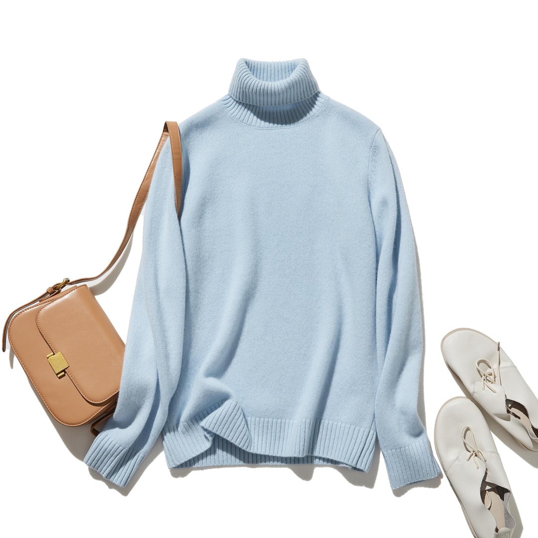 简约却能单穿出众   100% 喀什米尔（Cashmere）高领毛衣 厚款 浅蓝色 241016-2 - 女装针织衫/毛衣 - 羊毛 蓝色