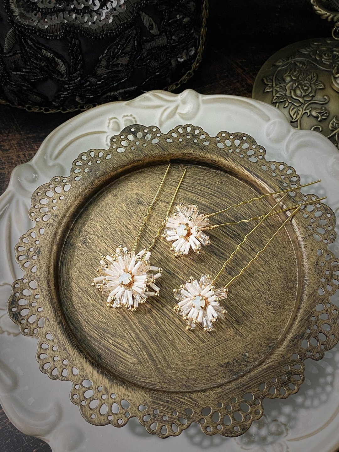 美丽佳人 花嫁发叉 3 件组 - 发饰 - 玻璃 白色
