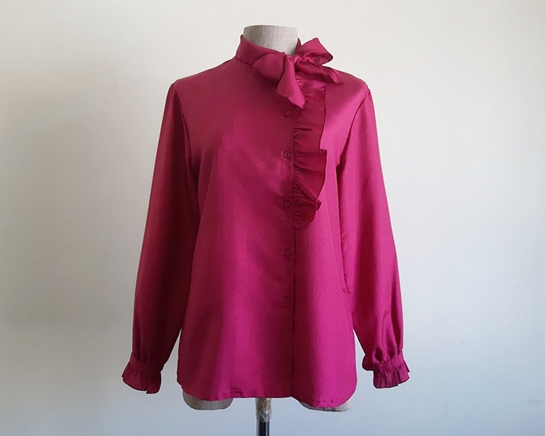 复古 80 年代 粉色荷叶边衬衫 蝴蝶结领 口缚 绑带 长袖 浪漫 XS - 女装上衣 - 聚酯纤维 粉红色