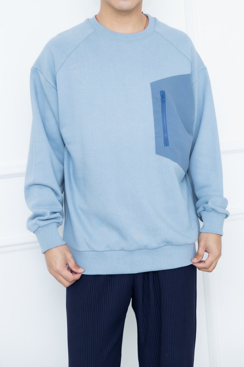 胸前拉链口袋长袖上衣 蓝色 - 中性连帽卫衣/T 恤 - 其他材质 蓝色