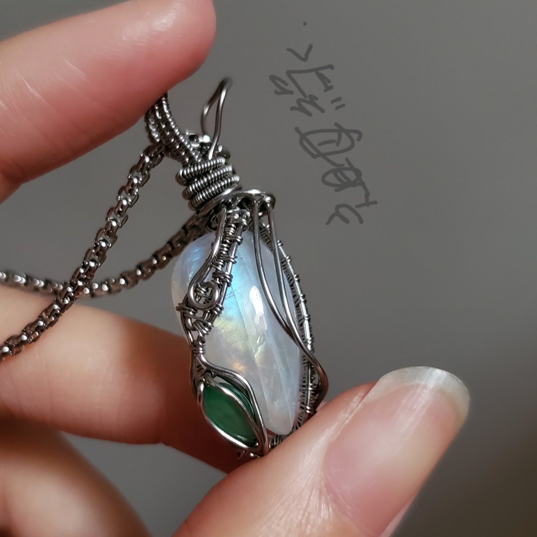 蛇 | 项链  祖母绿 月光石 金属编织 矿石饰品 不锈钢首 - 项链 - 半宝石 绿色