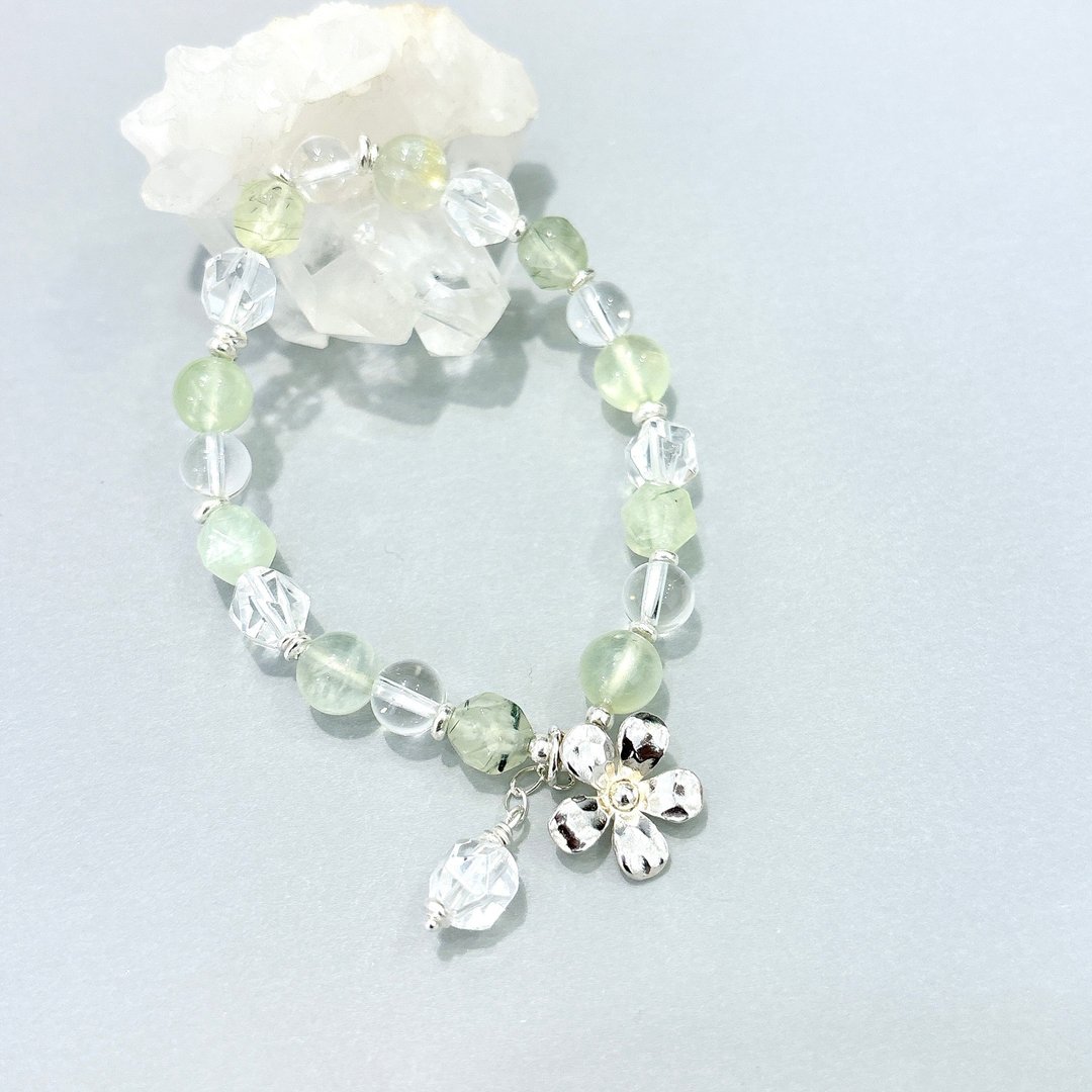 Ops Prehnite Sliver Bead -葡萄石/纯银/手链/心轮/浅绿色/碎银 - 手链/手环 - 纯银 绿色