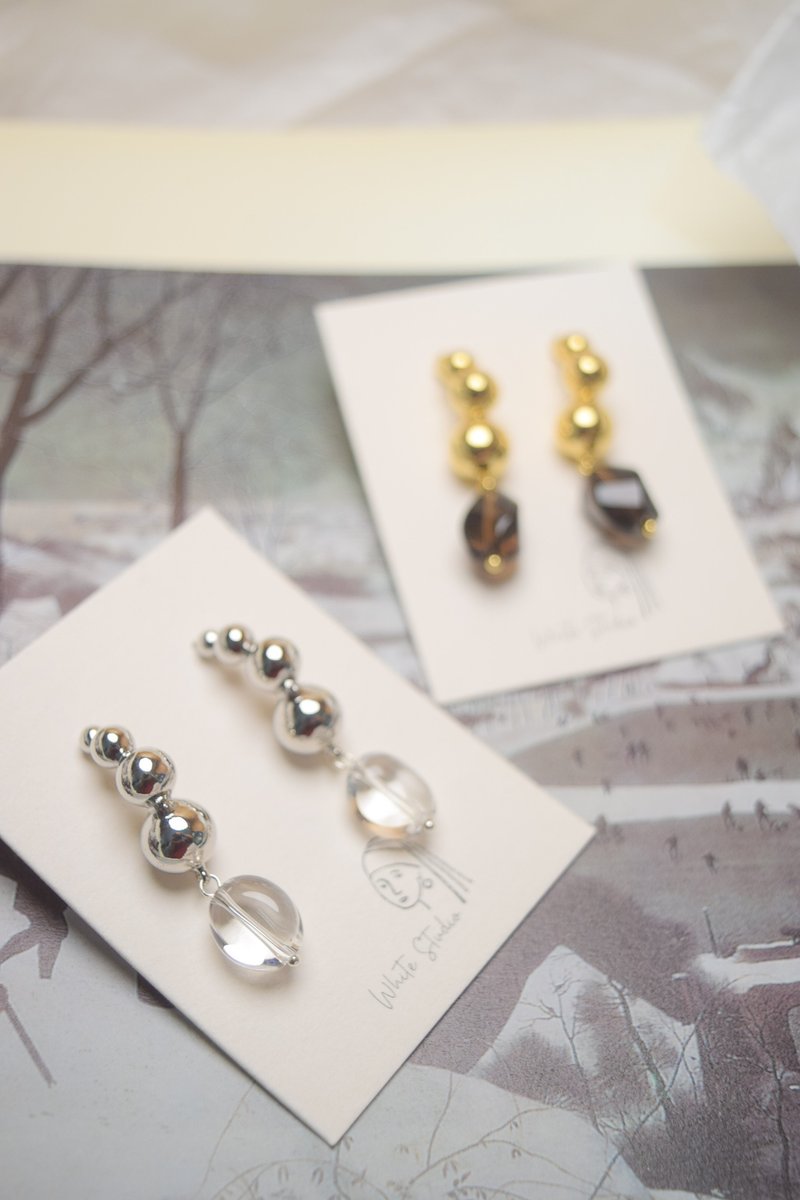 【小众设计】茶晶 白水晶纯银耳针 (银/金) 天然晶石 - 耳环/耳夹 - 纯银 银色