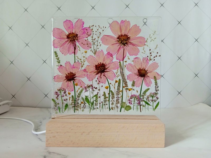 手作押花疗愈LED小夜灯 - 波斯菊小夜灯 - 灯具/灯饰 - 树脂 紫色