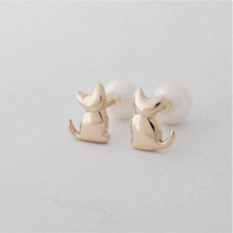 K10 坐姿猫咪耳环 2WAY - 耳环/耳夹 - 贵金属 金色