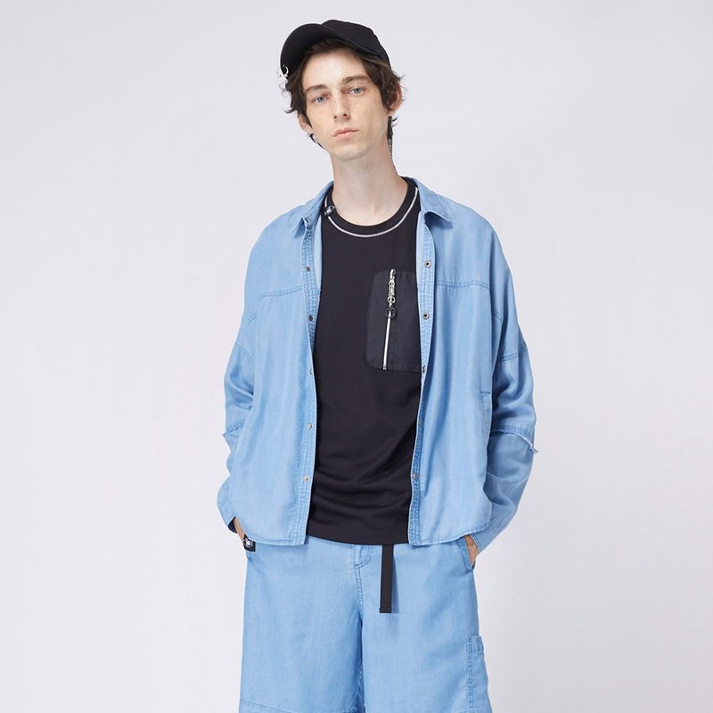 【中性款】 磨破须边牛仔衬衫 / 牛仔蓝 - 男装衬衫 - 其他材质 蓝色