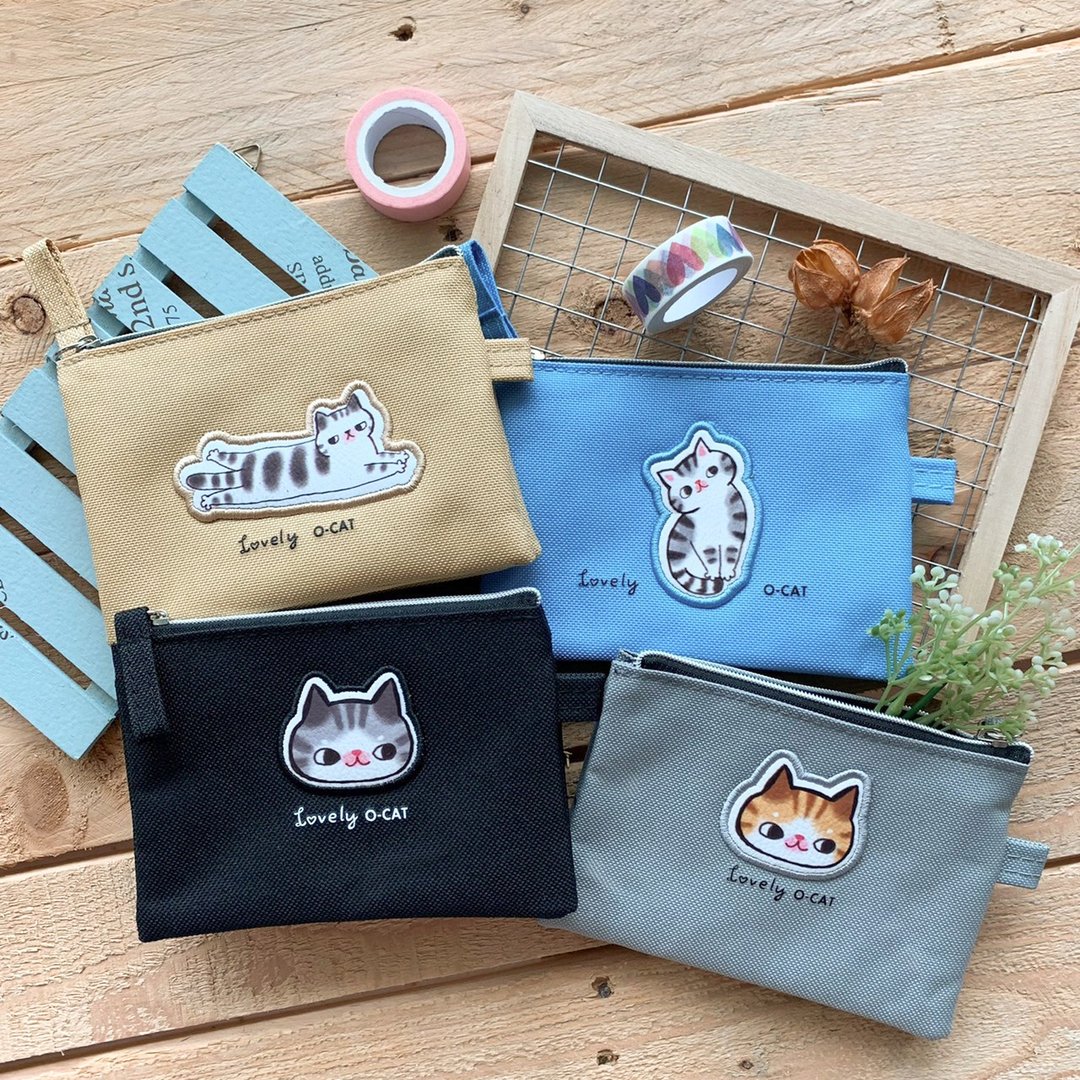 O-CAT－猫咪刺绣皮标三明治零钱包。JBG-219 - 皮夹/钱包 - 尼龙 